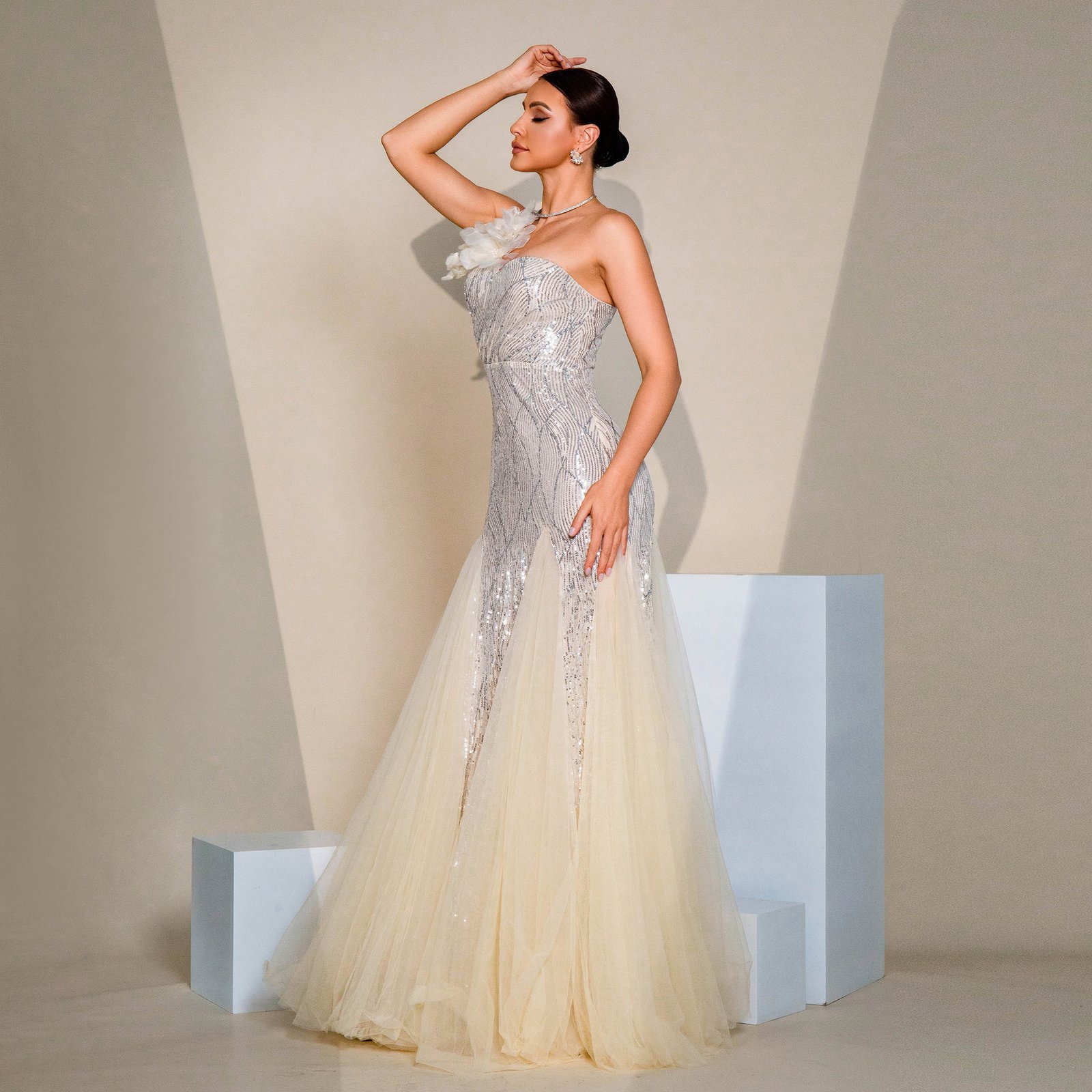 One-shoulder Diagonal Collar Slim-fit Sheath Sequined Slit Evening Dress - Image 6