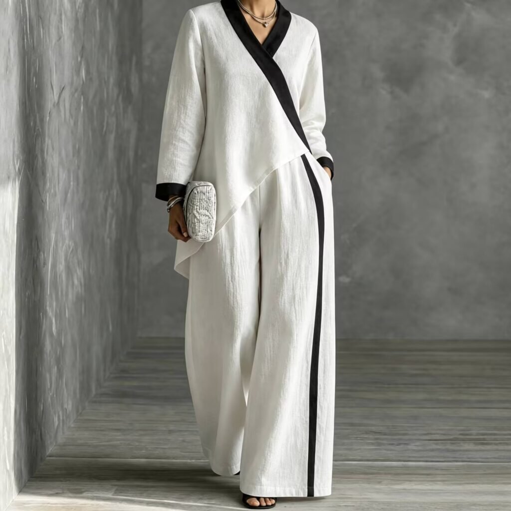 Color-block V-neck Asymmetrical Top And Wide-leg Pants Relaxed Casual Set