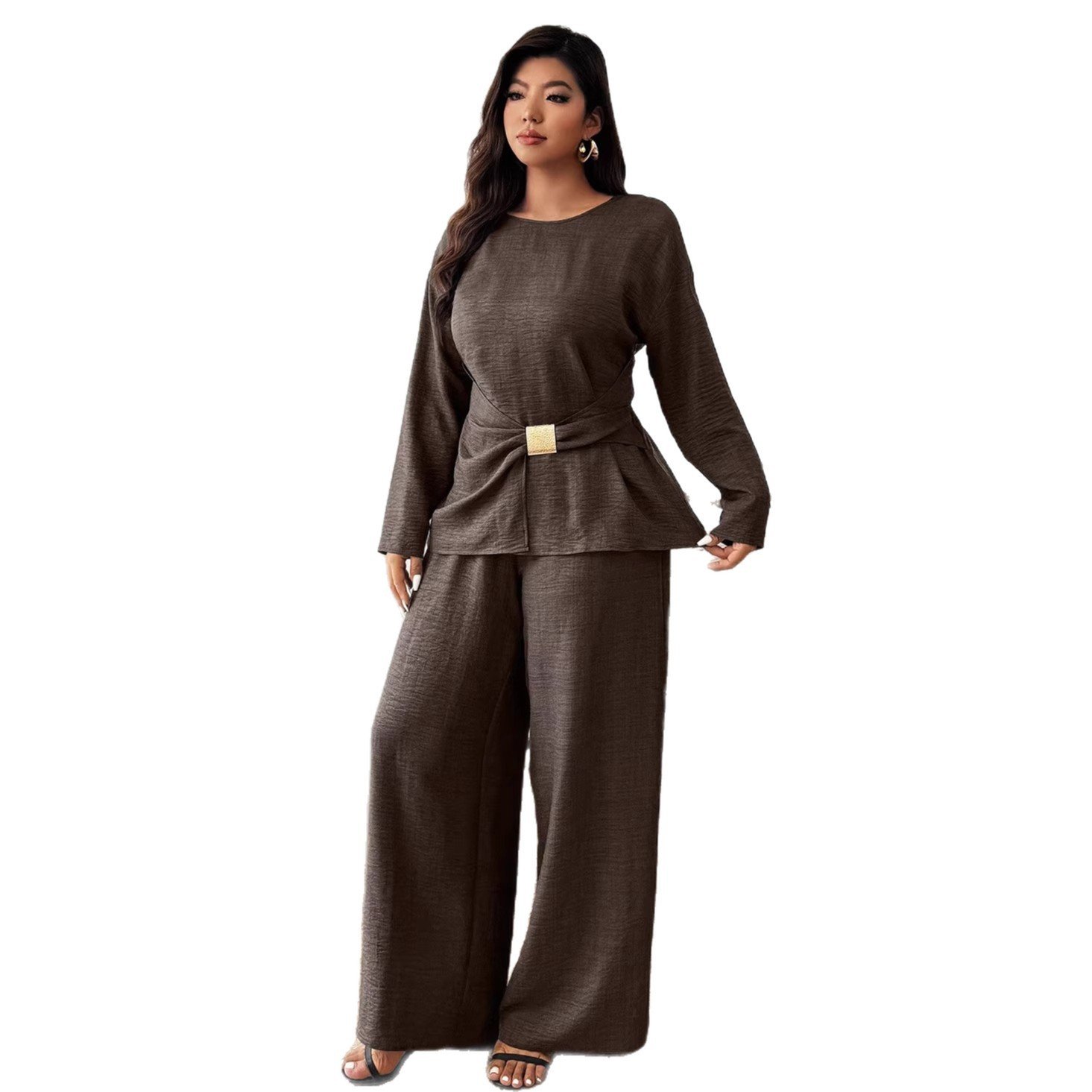 Long-sleeve Waist-cinched Round-neck Top Paired With Straight-leg Wide-leg Pants - Image 2