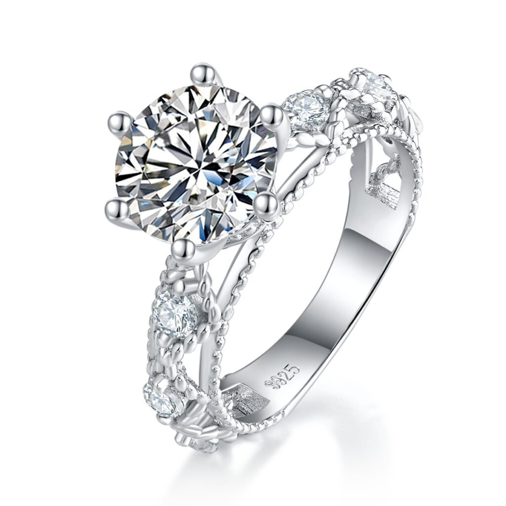 6-Prong 2 Carat Round Moissanite Engagement Ring, Split Shank S925 Silver Platinum Plated D Color VVS1 With GRA Certificate, US 5-9.