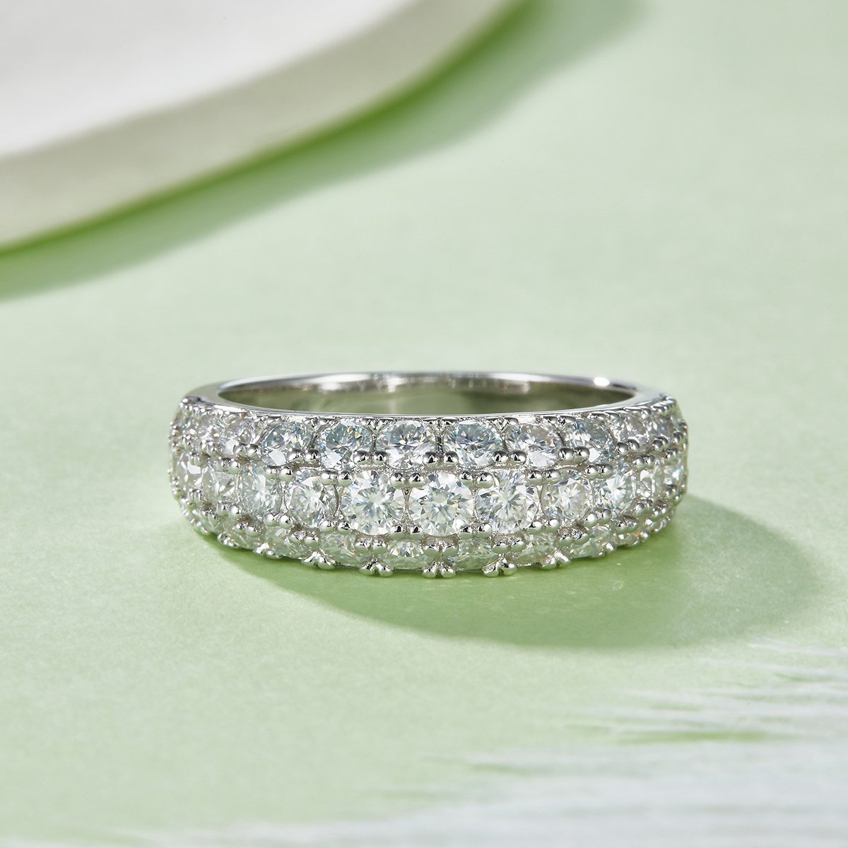 S925 Sterling Silver 3-Row Pave Moissanite Ring, 1.9ct D-VVS1 Eternity Band, Platinum Plated US Sizes 5-9, GRA Certified Gift Box - Image 2