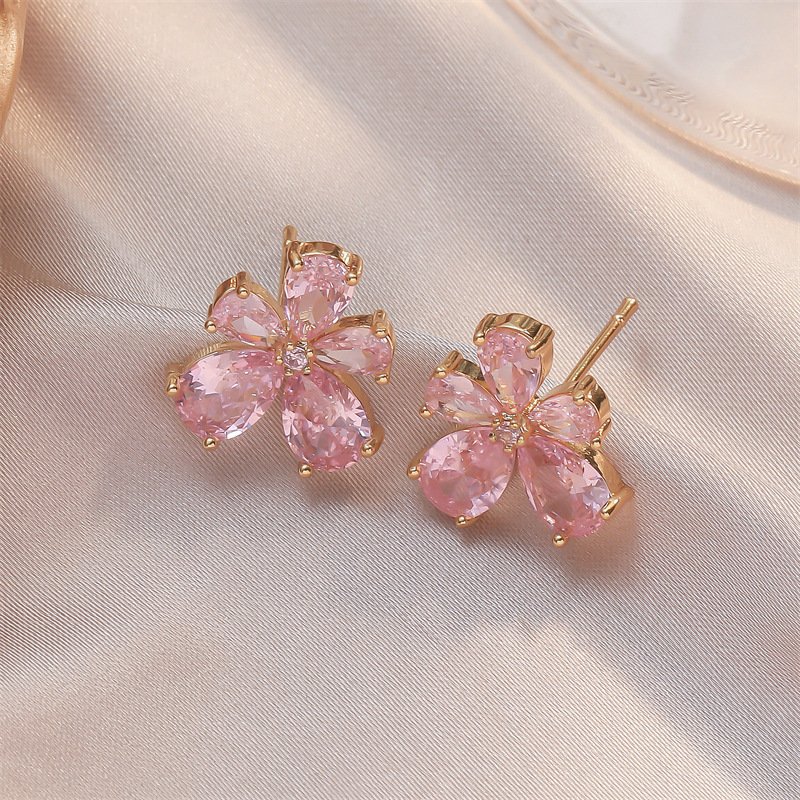 Women 5-Petal Flower Stud Earrings, Pear Cut Clear Cubic Zirconia Rhodium Plated Bridal Ear Jewelry