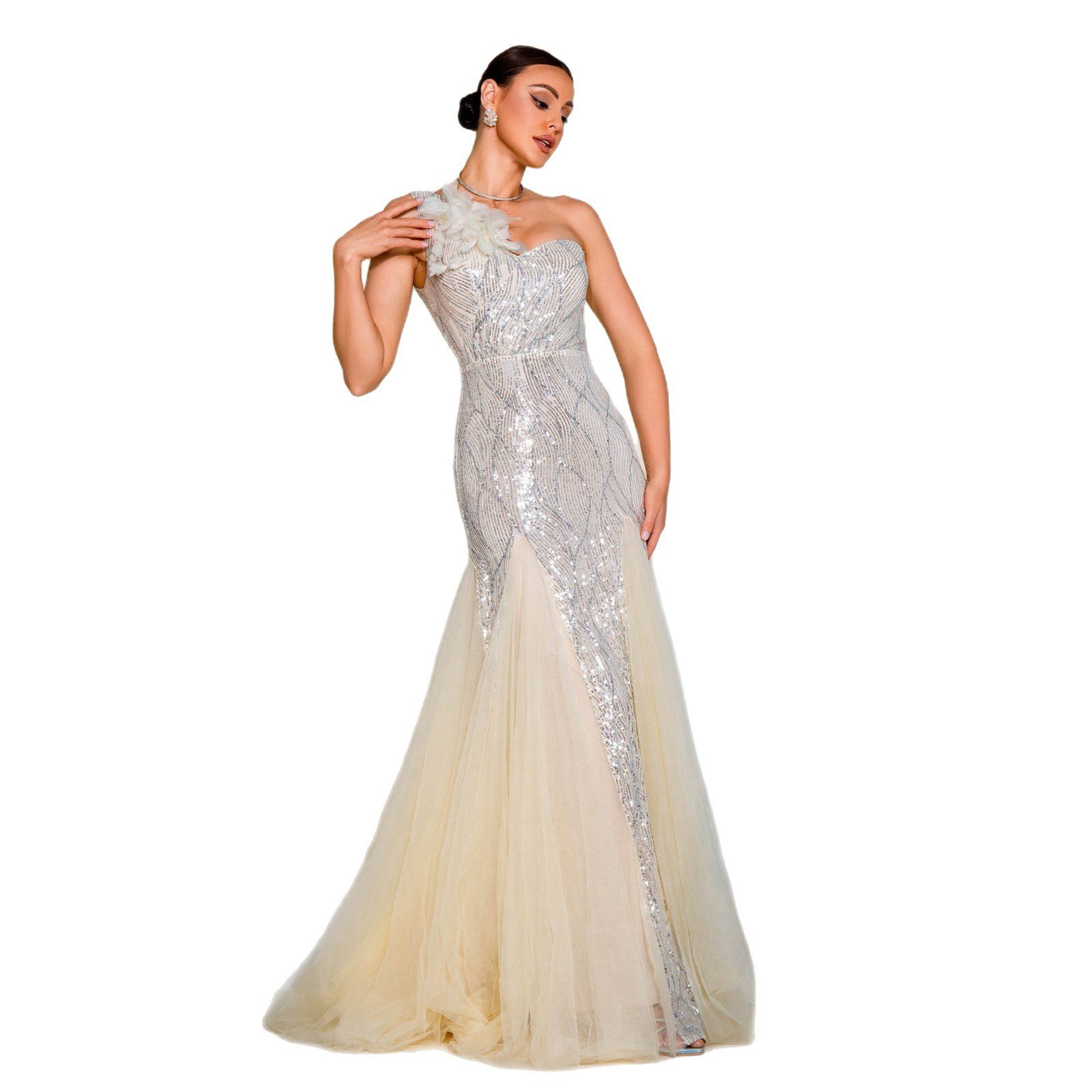 One-shoulder Diagonal Collar Slim-fit Sheath Sequined Slit Evening Dress - Image 4