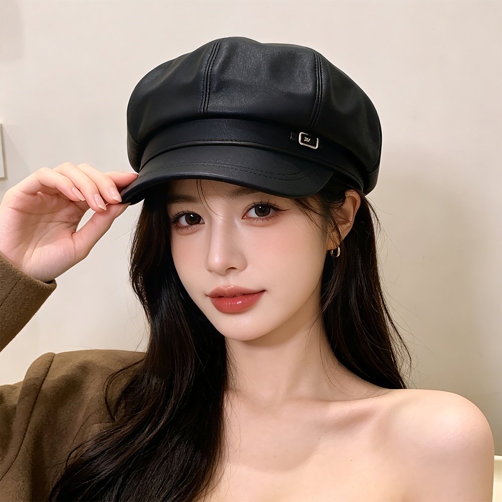 Fashionable Retro Matte PU Solid-color Newsboy Hat With Metal Label And Soft Leather Pumpkin Hat For Autumn Winter, Classic British Style, Versatile For All Occasions