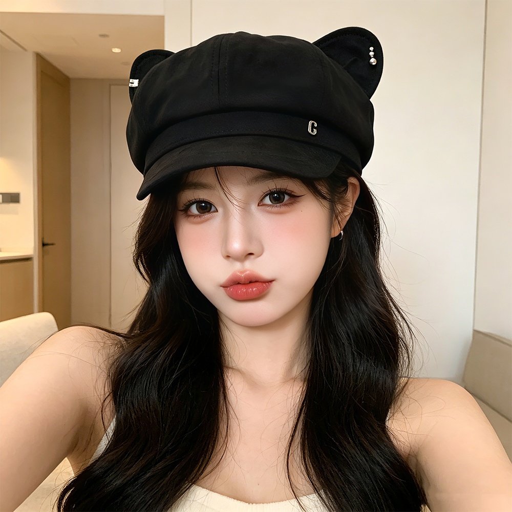 Autumn Winter Cute Cat Ears Octagonal Beret With Solid Color Vintage Style Pin Head Newsboy Hat - A Casual Outfit-Wear Hat With Unique Personality