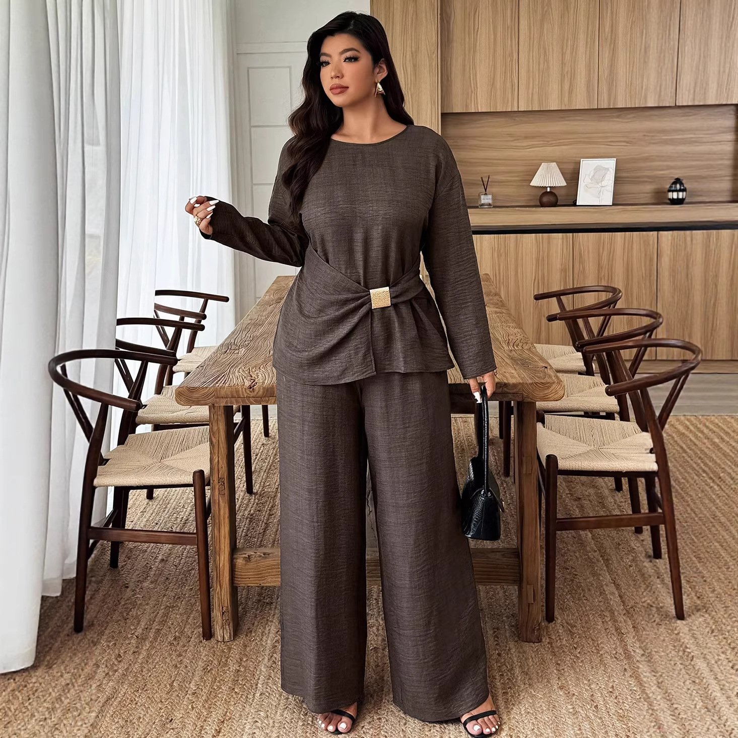 Long-sleeve Waist-cinched Round-neck Top Paired With Straight-leg Wide-leg Pants - Image 4