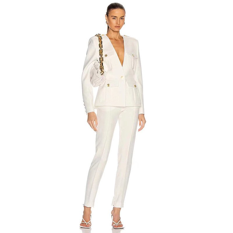 Women's V-neck Slim-fit Elegant Commuter Business Casual Suit Pants Set