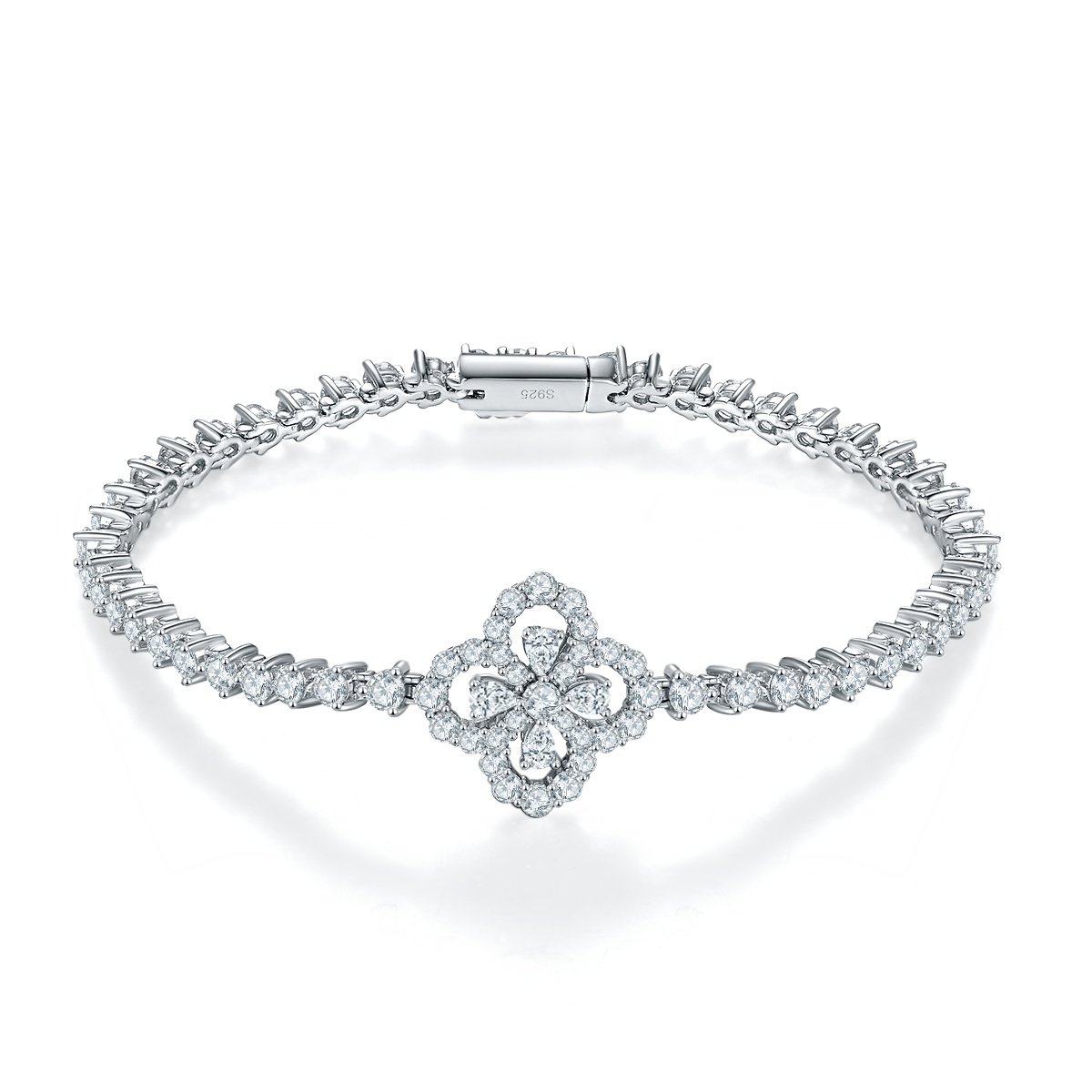 S925 Sterling Silver Clover Moissanite Tennis Bracelet 17.5cm Pave Design D Color VVS1 GRA Certified Platinum Plated Gift Box