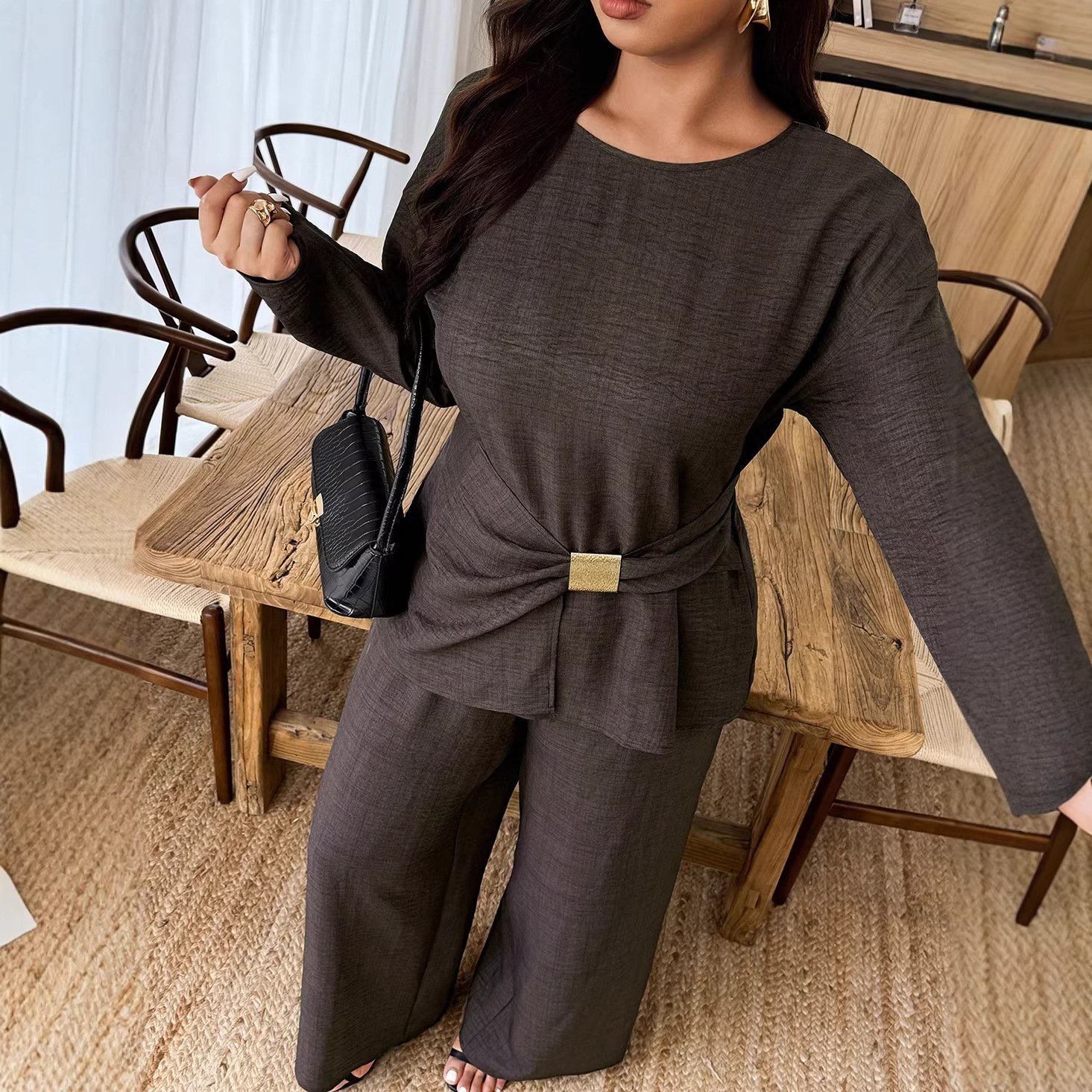 Long-sleeve Waist-cinched Round-neck Top Paired With Straight-leg Wide-leg Pants - Image 3